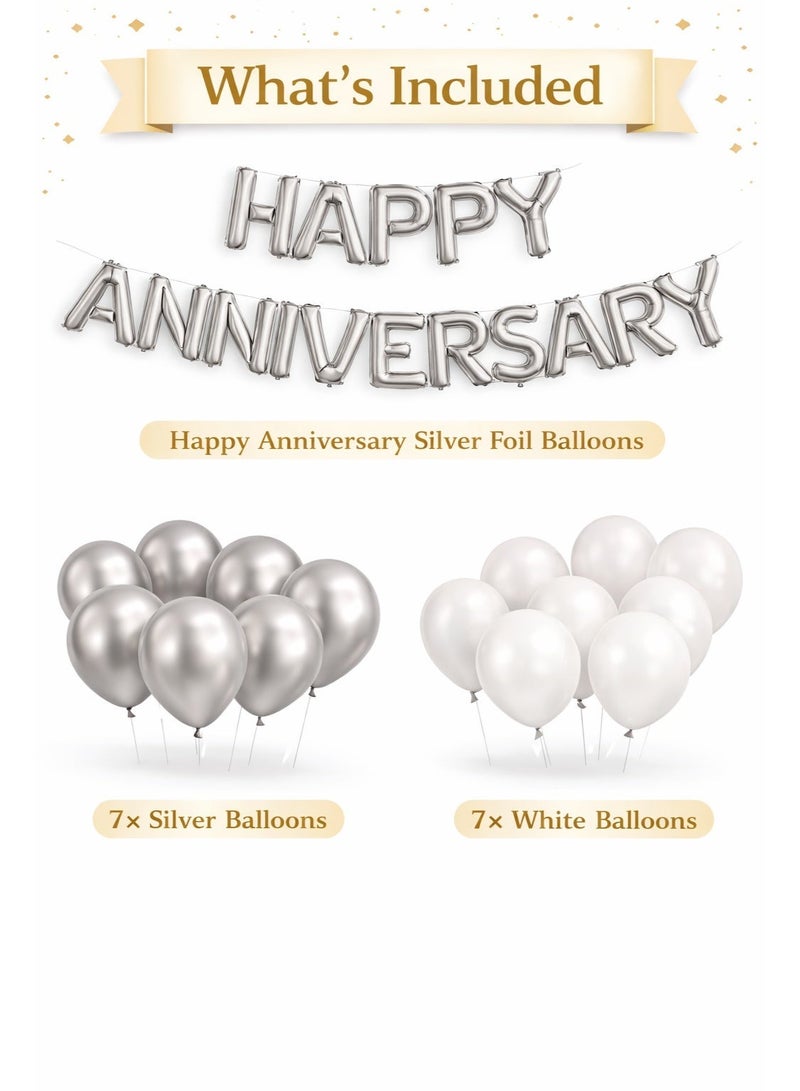 Happy Anniversary Silver Foil Balloon Set – 16 Inch Letter Balloons with Silver & White Latex Balloons – Party Decoration Kit - Image 2